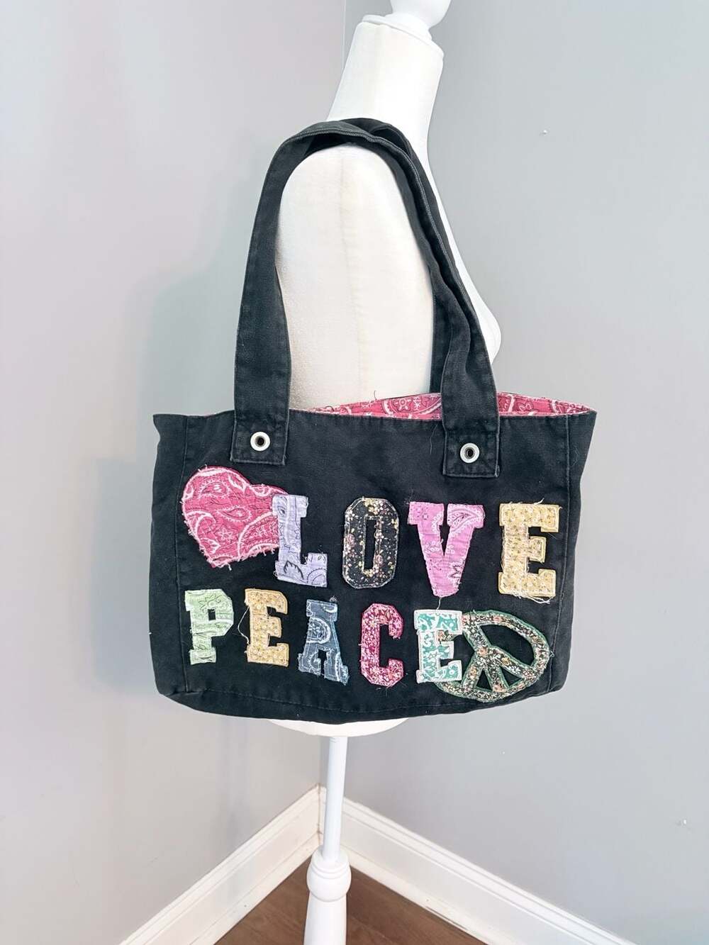 Patchwork “Love Peace” Canvas Tote Bag – Boho Y2K Hippie